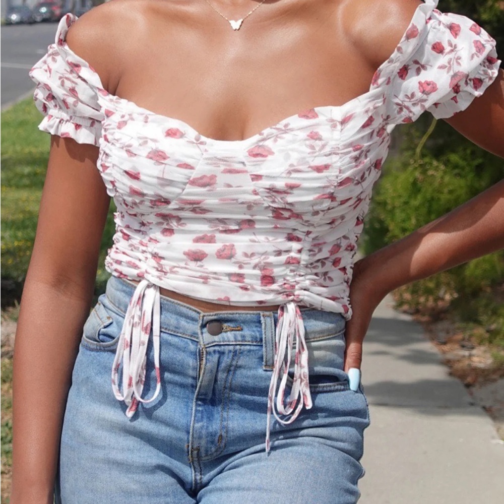 Floral Puff Sleeve Ruched Top